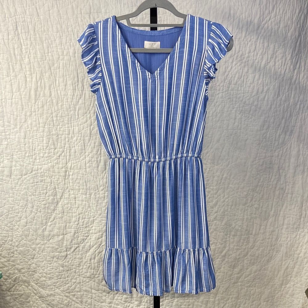 LOFT Blue and White Striped Flutter Sleeve Dress size Small Petite